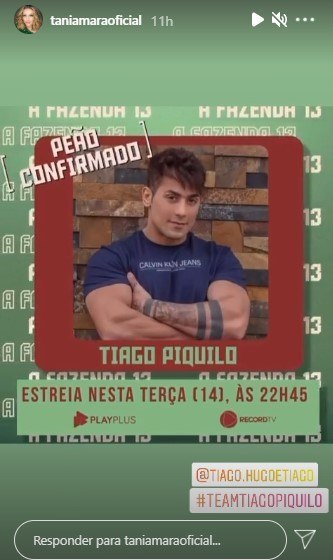 Tania Mara declara apoio a Tiago Piquilo em 'A Fazenda 13'  