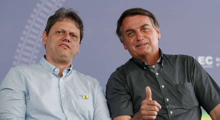 Tarcísio de Freitas (Republicanos), candidato ao Governo de SP, e o presidente Jair Bolsonaro (PL)