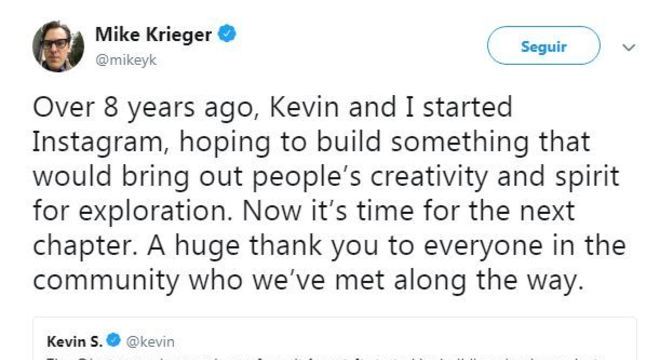 No Twitter, Krieger escreveu que não vai esquecer a jornada no Instagram e agradece a todos da comunidade 