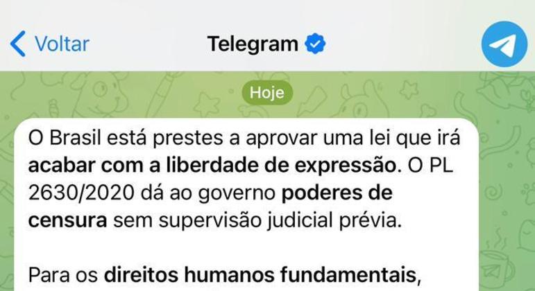 Mensagem enviada pelo Telegram aos usuários brasileiros