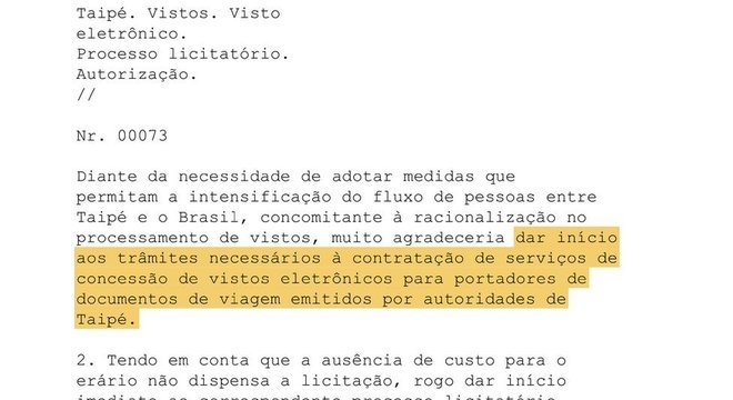 Telegrama diplomático aponta que Itamaraty prioriza implementar visto eletrônico para passaportes emitidos pelo governo de Taiwan