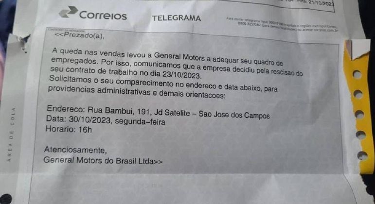 Telegrama enviado a funcionário em São José dos Campos