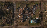 Vista aérea da cidade de Wynne, no Arkansas, que tem cerca de 8.274 habitantes, após a passagem do tornado