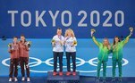 Tokyo 2020 Olympics - Tennis - Women's Doubles - Medal Ceremony - Ariake Tennis Park - Tokyo, Japan - August 1, 2021. Bronze medallists Laura Pigossi of Brazil and Luisa Stefani of Brazil celebrate on the podium 