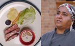 A terceira a servir os jurados foi Nara Amaral, a baiana recebeu o corte flat iron! Ela apresentou o bife grelhado com mini rosti de batata, cenouras e beterrabas seladas na manteiga e alface crespa com molho de mel.Janaina não disfarçou a frustração: 'Deu muito ruim aqui no seu prato', disparou. Já o chef convidado notou que a baiana não conseguiu utilizar todos os ingredientes que colheu na horta, e que poderiam ajudar no sabor da receita