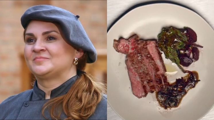 Em seguida, Lorena Lacava, munida de rib eye, fez a carne assada com beterraba grelhada, purê de cebola e alho-poró tostados e chimichurri.Ela arrancou elogios: 