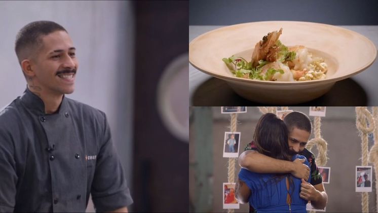 Chegou a vez do baiano Eduardo Moraes mostrar seu prato, o san salvador! A receita leva camarão, gastrique (base de molho com redução de açúcar e vinagre), e bisque, um creme de crustáceos. Decara, Janaína soltou: 