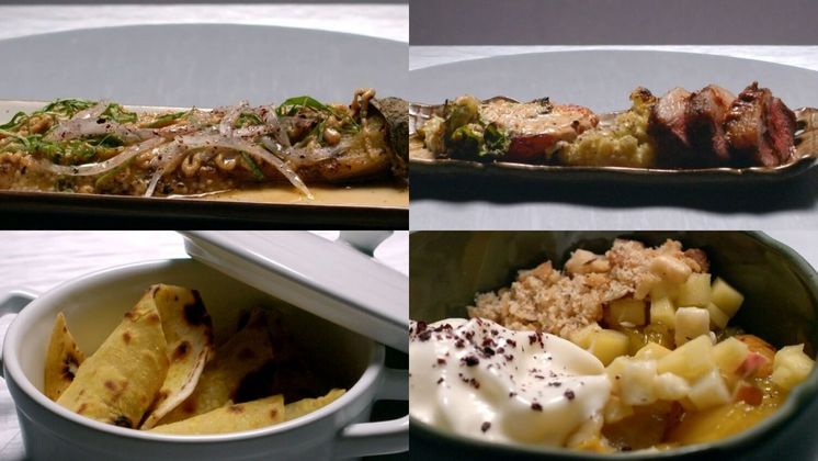 A equipe serviu cordeiro grelhado com molho harissa e tucupi, berinjela defumada com tahine, homus temperado com sete pimentas, pão sírio em duas versões, e blend de frutas defumadas e castanhas.