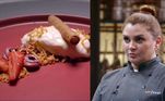 Lorena Lacava serviu wafer mil folhas, mousse de limão, crumble de amêndoas, morangos defumados e ganache de quentão. 'Esses ingredientes juntos não conversam', disse Emmanuel. Já Felipe não curtiu a mousse de limão e criticou a quantidade pequena de ganache no prato