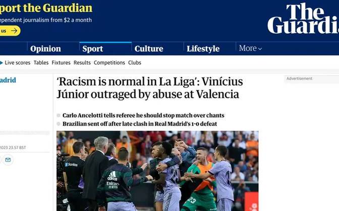 'The Guardian' - O jornal britânico falou a respeito do posicionamento de Vini Jr. após a partida e destacou as publicações feitas por ele nas redes sociais, em que diz que 