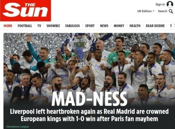 THE SUN (Inglaterra): 'Liverpool ficou de coração partido novamente quando o Real Madrid foi coroado rei da Europa com vitória por 1 a 0 após o caos dos torcedores do Paris'