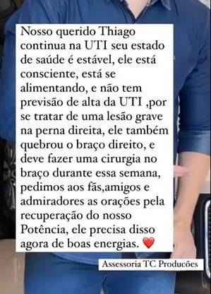 Assessoria deu detalhes do estado de saúde do sertanejo