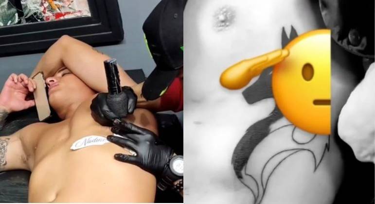 Tiago RamosO ex-padrasto de Neymar tatuou o nome da ex, Nadine Gonçalves, na costela. A mãe do jogador e o modelo começaram a namorar em abril de 2020 e terminaram no final daquele mesmo ano. O peão de A Fazenda 14 cobriu a grafia com um lobo apenas em agosto de 2022