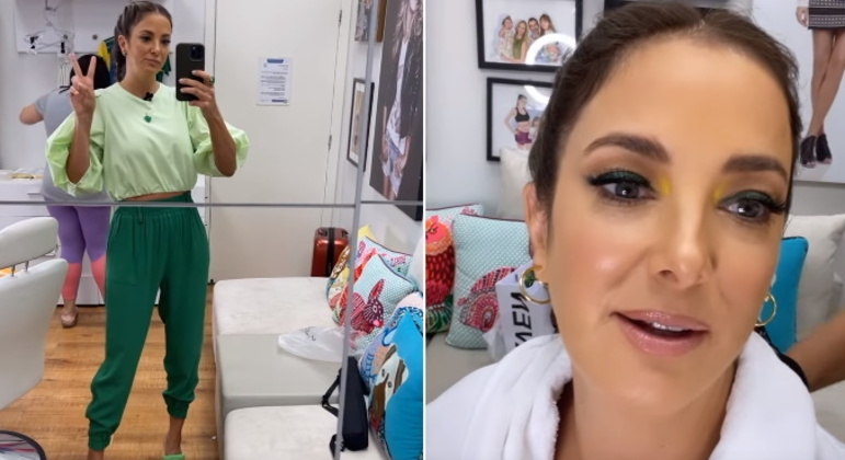 Ticiane Pinheiro apostou em um look em tons de verde, e completou o visual com uma make especial em verde e amarelo