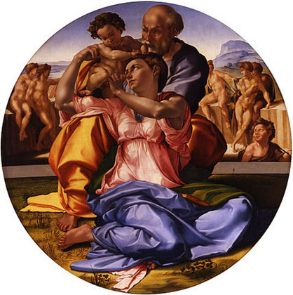 Tondo Doni - A pintura feita entre 1505 e 1507 leva este nome por causa do formato circular, mas também é chamada de Sagrada Família. Mistura o sagrado (Maria, José e Jesus em primeiro plano) com o profano (pessoas nuas ao fundo). 