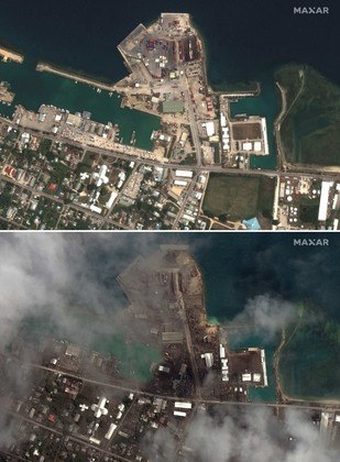  main port facilities in Nuku’alofa, the capital of Tonga, covered in ash following the eruption of the Hunga-Tonga - Hunga-Haa'pai volcano