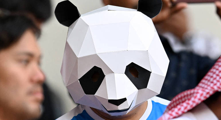 Não deve ter sido fácil enxergar a partida entre Japão e Costa Rica com essa fantasia de panda