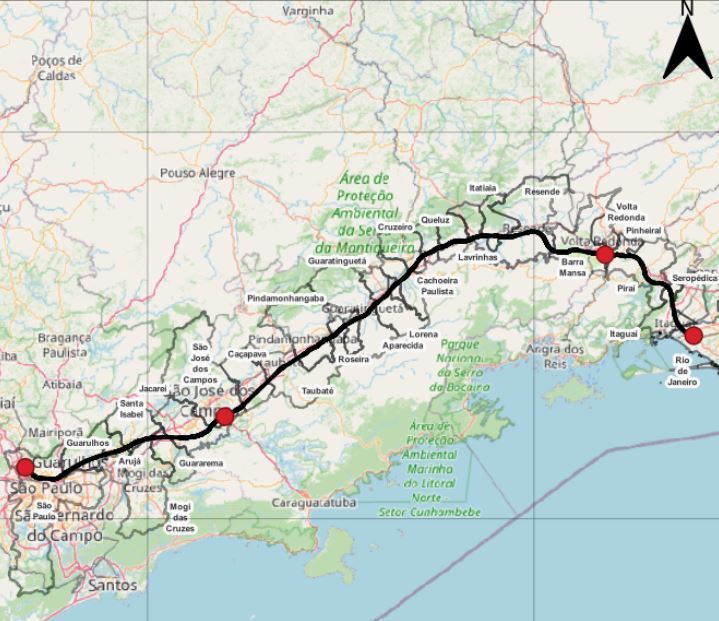 Tra&ccedil;ado da linha do trem-bala entre S&atilde;o Paulo e Rio apresentado &agrave; ANTT pela TAV Brasil