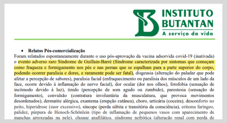 Trecho da bula da vacina CoronaVac que informa sobre possíveis casos da síndrome de Guillain-Barré após a imunização
