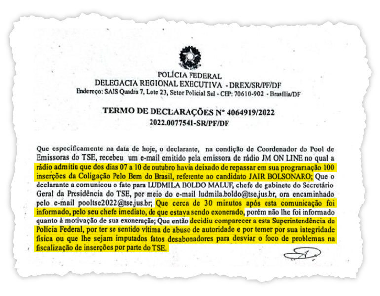 Trecho de declaração do servidor do TSE Alexandre Gomes Machado à Polícia Federal