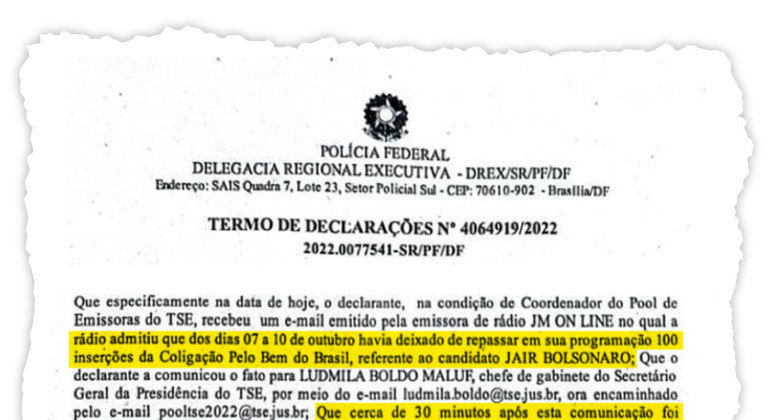 Trecho de declaração do servidor do TSE Alexandre Gomes Machado à Polícia Federal