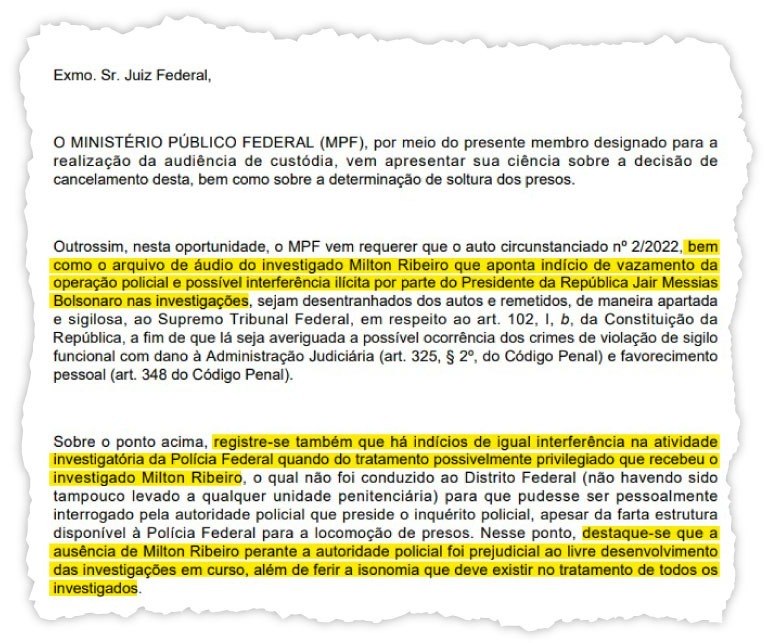 Trecho do documento em que o MPF aponta supostas irregularidades e interferência na investigação da PF

