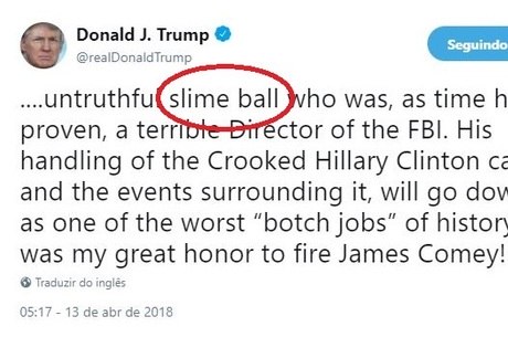 Trump usou 'slime ball' para insultar ex-diretor do FBI