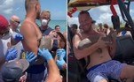 Um rapaz com sorriso no rosto e um tubarão cravado no braço chocou diversos banhistas em uma praia de Jensen Beach, na Flórida (EUA)