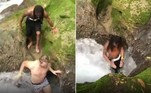 Uma dupla de turistas noruegueses chocou internautas ao mergulhar no sumidouro de uma cachoeira, nos arredores de Port Antonio, na Jamaica