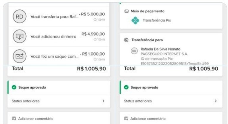 Foram realizados dois saques de alto valor, além da retirada de um valor  reserva da loja de Thamires