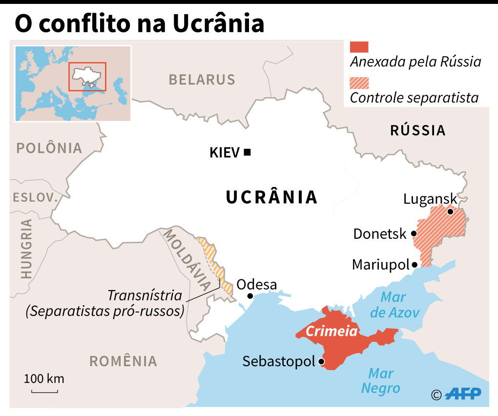 Mapa destaca parte de região leste da Ucrânia