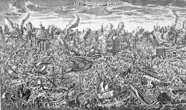 Um dos objetivos era a reconstrução de Lisboa, a capital portuguesa, devastada por um terremoto em 1755. Gravura em cobre de 1755, de autor desconhecido, mostra Lisboa em chamas e o tsunami inundando o porto.