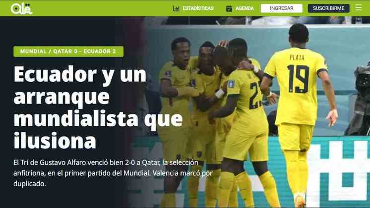 'Um início que emociona': O 'Olé', da Argentina, destacou a abertura da Copa em sua página inicial. No texto, o site também destacou o treinador da seleção equatoriana, Gustavo Alfaro, que é argentino. 