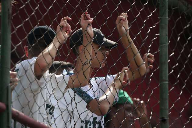 Um jovem palmeirense aguardava o início do jogo no alambrado do Canindé. 