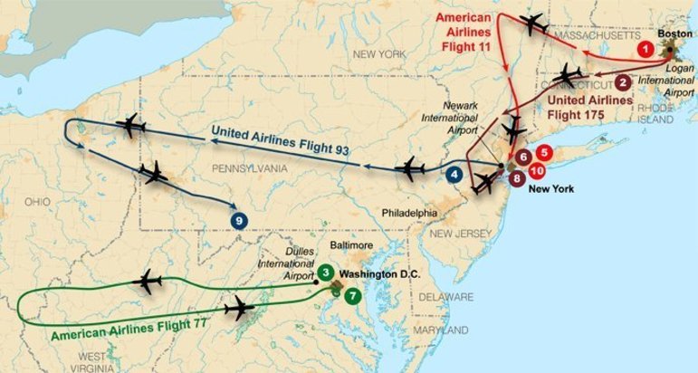 Um mapa mostra o trajeto dos quatro aviões tomados pelos sequestradores fanáticos da organização terrorista Al Qaeda, comandada por Osama bin Laden.