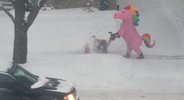 Morador fantasiado de unicórnio retira a neve da frente de casa em Lakewood, Ohio (EUA)
