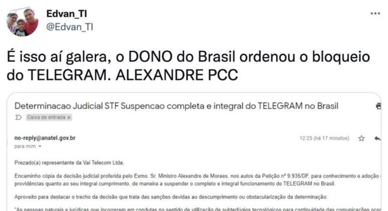 Usuário do Twitter que vazou despacho de Moraes suspendendo o Telegram