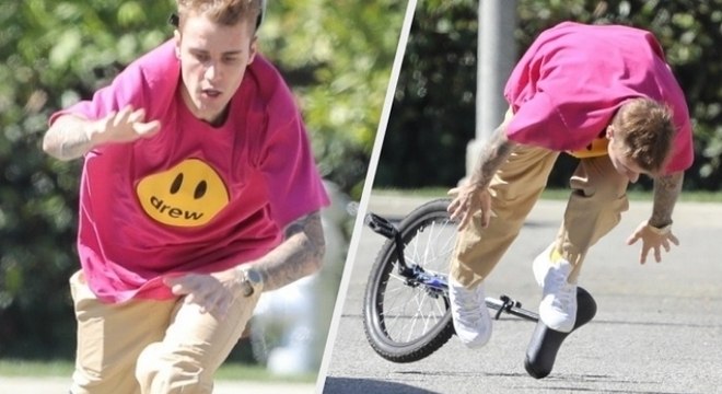 Justin Bieber toma tombo ao tentar andar de monociclo e vira meme. Veja as fotos!