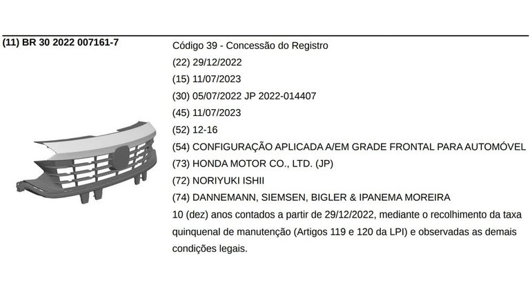 Para-choque dianteiro registrado no Brasil