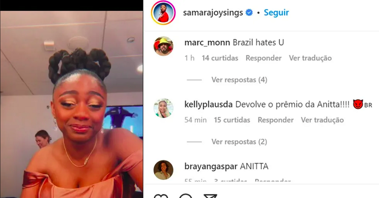 Vários deles invadiram o perfil do Instagram da artista norte-americana Samara Joy para hostilizá-la.