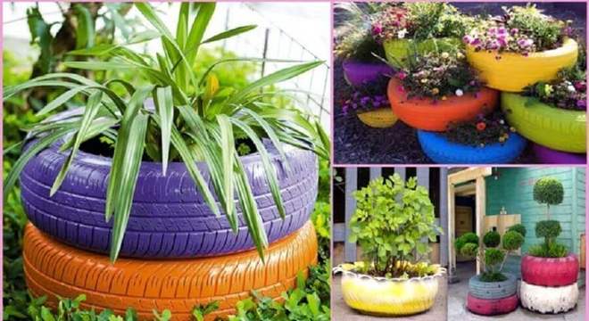 vasos de plantas feitos com pneus