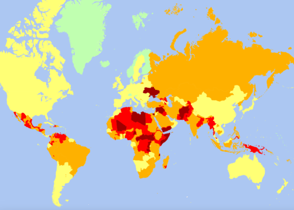 Veja a lista dos países que representam a maior roubada para quem quer viajar. São os que aparecem em vermelho no mapa. Quanto mais forte a tonalidade, mais perigoso o lugar. 
