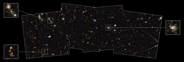 O telescópio espacial James Webb conseguiu fotografar uma das primeiras imagens de campo largo de profundidade média do cosmos. Enquanto a 