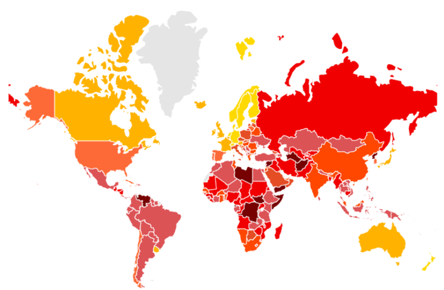  Veja, começando pelo pior de todos, a lista dos 20 países que estão no topo do ranking dos mais corruptos. No mapa, quanto mais escura a tonalidade, maior a corrupção. 
