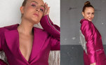 Com pegada glamourosa, mas sem perder a elegância, Larissa surgiu com um vestido blazer de cetim rosa com franjas de cristas. Assinado por uma estilista brasileira, o modelito estava à venda por R$ 1.997