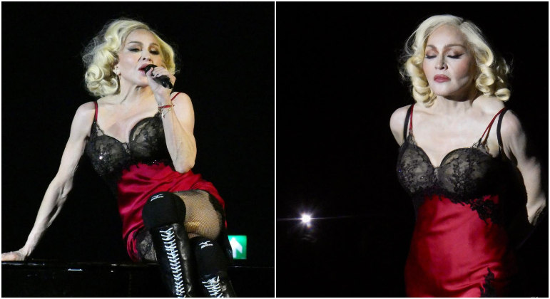 Por baixo do roupão, a cantora surgiu com uma camisola vermelha e preta, com busto de renda e corpo em seda. As cores são as mesmas da identidade visual da Madame X, uma personagem da artista e musa de um álbum homônimo — sua última produção lançada