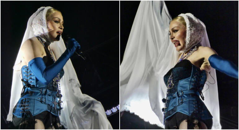 Mantendo o conceito da lingerie à mostra, Madonna surgiu usando um conjunto azul com detalhes em preto, cintos, fivelas e muita amarração. Para completar a produção, a cantora estava com luvas da mesma cor e tecido do corset, um mix de colares e um acessório de cabeça que remetia a um véu de noiva — detalhes característicos de sua 