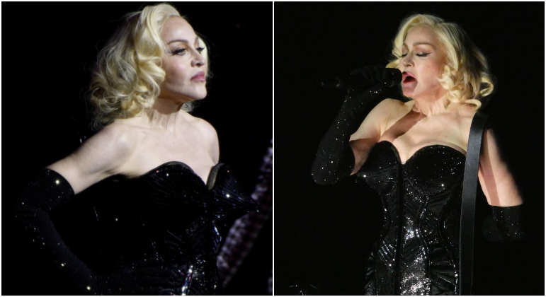 Outra homenagem a uma fase específica foi o corset preto cravejado de cristais, modelo feito exclusivamente para a cantora pela marca Jean Paul Gaultier e desenhado pelo próprio senhor Gaultier. O visual é uma versão reimaginada do figurino usado pela diva durante sua terceira turnê mundial, Blond Ambition Tour, em 1990. O busto cônico é um design original do estilista francês e ficou marcado na história da cultura pop após ser usado por Madonna