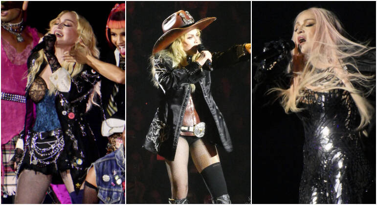 Madonna estreou seu tão esperado 'The Celebration Tour' no último sábado (14), em Londres, no Reino Unido. A diva subiu ao palco três meses após ter sido internada na UTI, por uma grave infecção bacteriana, e precisar adiar o começo da turnê, e os visuais apresentados pela rainha do pop deram o que falar. Celebrando 40 anos de carreira — e de sucessos —, a diva homenageou várias de suas 