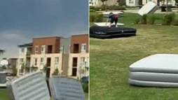 Ventania acaba com ideia de usar colchões em cinema ao ar livre nos EUA (Montagem/R7)